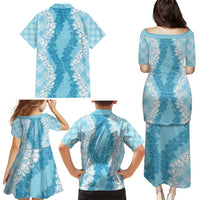 Hawaii Aloha Plumeria Lei Turquoise Palaka Family Matching Puletasi and Hawaiian Shirt - Polynesian Pride