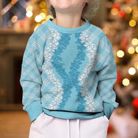 Hawaii Aloha Plumeria Lei Turquoise Palaka Kid Ugly Christmas Sweater - Polynesian Pride