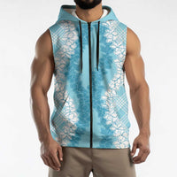 Hawaii Aloha Plumeria Lei Turquoise Palaka Sleeveless Zip Hoodie LT7 - Polynesian Pride