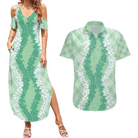 Hawaii Aloha Plumeria Lei Mint Palaka Couples Matching Summer Maxi Dress and Hawaiian Shirt LT7 Mint - Polynesian Pride