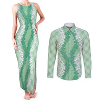 Hawaii Aloha Plumeria Lei Mint Palaka Couples Matching Tank Maxi Dress and Long Sleeve Button Shirt - Polynesian Pride