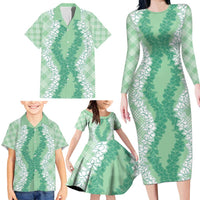 Hawaii Aloha Plumeria Lei Mint Palaka Family Matching Long Sleeve Bodycon Dress and Hawaiian Shirt - Polynesian Pride