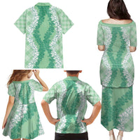 Hawaii Aloha Plumeria Lei Mint Palaka Family Matching Puletasi and Hawaiian Shirt - Polynesian Pride