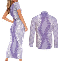 Hawaii Aloha Plumeria Lei Lavender Palaka Couples Matching Short Sleeve Bodycon Dress and Long Sleeve Button Shirt - Polynesian Pride