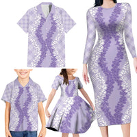 Hawaii Aloha Plumeria Lei Lavender Palaka Family Matching Long Sleeve Bodycon Dress and Hawaiian Shirt - Polynesian Pride