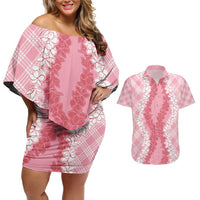 Hawaii Aloha Plumeria Lei Pink Palaka Couples Matching Off Shoulder Short Dress and Hawaiian Shirt - Polynesian Pride