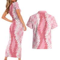 Hawaii Aloha Plumeria Lei Pink Palaka Couples Matching Short Sleeve Bodycon Dress and Hawaiian Shirt - Polynesian Pride