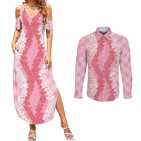 Hawaii Aloha Plumeria Lei Pink Palaka Couples Matching Summer Maxi Dress and Long Sleeve Button Shirt - Polynesian Pride
