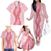 Hawaii Aloha Plumeria Lei Pink Palaka Family Matching Off The Shoulder Long Sleeve Dress and Hawaiian Shirt - Polynesian Pride
