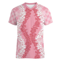 Hawaii Aloha Plumeria Lei Pink Palaka Women V-Neck T-Shirt LT7 Female Pink - Polynesian Pride