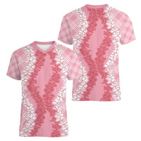 Hawaii Aloha Plumeria Lei Pink Palaka Women V-Neck T-Shirt LT7 - Polynesian Pride