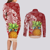 Mele Kalikimaka Hawaii Christmas Couples Matching Long Sleeve Bodycon Dress and Long Sleeve Button Shirt Pineapple Party LT7 - Polynesian Pride