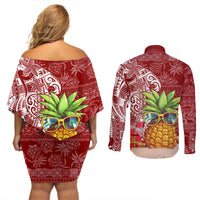 Mele Kalikimaka Hawaii Christmas Couples Matching Off Shoulder Short Dress and Long Sleeve Button Shirt Pineapple Party LT7 - Polynesian Pride