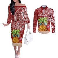 Mele Kalikimaka Hawaii Christmas Couples Matching Off The Shoulder Long Sleeve Dress and Long Sleeve Button Shirt Pineapple Party LT7 Red - Polynesian Pride