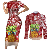 Mele Kalikimaka Hawaii Christmas Couples Matching Short Sleeve Bodycon Dress and Long Sleeve Button Shirt Pineapple Party LT7 Red - Polynesian Pride