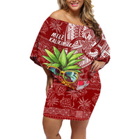 Mele Kalikimaka Hawaii Christmas Family Matching Off Shoulder Short Dress and Hawaiian Shirt Pineapple Party LT7 Mom's Dress Red - Polynesian Pride