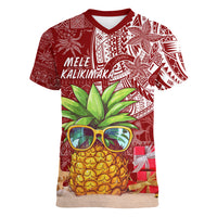 Mele Kalikimaka Hawaii Christmas Women V Neck T Shirt Pineapple Party LT7 Female Red - Polynesian Pride