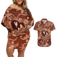 Hawaii Plumeria Couples Matching Off Shoulder Short Dress and Hawaiian Shirt Hau'oli la Makuahine Sunburned LT7 Brown - Polynesian Pride