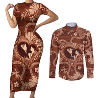 Hawaii Plumeria Couples Matching Short Sleeve Bodycon Dress and Long Sleeve Button Shirt Hau'oli la Makuahine Sunburned LT7 Brown - Polynesian Pride