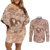 Hawaii Plumeria Couples Matching Off Shoulder Short Dress and Long Sleeve Button Shirt Hau'oli la Makuahine Beige LT7 Beige - Polynesian Pride
