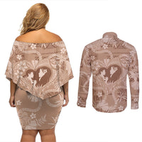 Hawaii Plumeria Couples Matching Off Shoulder Short Dress and Long Sleeve Button Shirt Hau'oli la Makuahine Beige LT7 - Polynesian Pride
