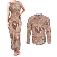 Hawaii Plumeria Couples Matching Tank Maxi Dress and Long Sleeve Button Shirt Hau'oli la Makuahine Beige LT7 Beige - Polynesian Pride