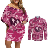 Hawaii Plumeria Couples Matching Off Shoulder Short Dress and Long Sleeve Button Shirt Hau'oli la Makuahine Rosy LT7 Pink - Polynesian Pride