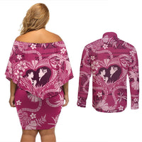 Hawaii Plumeria Couples Matching Off Shoulder Short Dress and Long Sleeve Button Shirt Hau'oli la Makuahine Rosy LT7 - Polynesian Pride