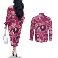 Hawaii Plumeria Couples Matching Off The Shoulder Long Sleeve Dress and Long Sleeve Button Shirt Hau'oli la Makuahine Rosy LT7 - Polynesian Pride