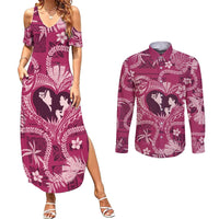 Hawaii Plumeria Couples Matching Summer Maxi Dress and Long Sleeve Button Shirt Hau'oli la Makuahine Rosy LT7 Pink - Polynesian Pride