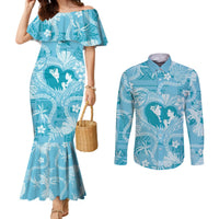 Hawaii Plumeria Couples Matching Mermaid Dress and Long Sleeve Button Shirt Hau'oli la Makuahine Turquoise LT7 Turquoise - Polynesian Pride