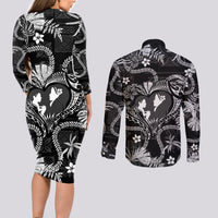 Hawaii Plumeria Couples Matching Long Sleeve Bodycon Dress and Long Sleeve Button Shirt Hau'oli la Makuahine Monochrome LT7 - Polynesian Pride