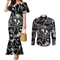 Hawaii Plumeria Couples Matching Mermaid Dress and Long Sleeve Button Shirt Hau'oli la Makuahine Monochrome LT7 Black - Polynesian Pride