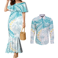 Polynesia Humpback Whale Couples Matching Mermaid Dress and Long Sleeve Button Shirt Tropical Plumeria Turquoise LT7 Turquoise - Polynesian Pride