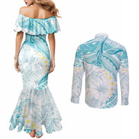 Polynesia Humpback Whale Couples Matching Mermaid Dress and Long Sleeve Button Shirt Tropical Plumeria Turquoise LT7 - Polynesian Pride