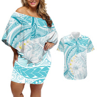Polynesia Humpback Whale Couples Matching Off Shoulder Short Dress and Hawaiian Shirt Tropical Plumeria Turquoise LT7 Turquoise - Polynesian Pride