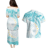 Polynesia Humpback Whale Couples Matching Puletasi and Hawaiian Shirt Tropical Plumeria Turquoise LT7 - Polynesian Pride