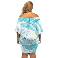 Polynesia Humpback Whale Off Shoulder Short Dress Tropical Plumeria Turquoise LT7 - Polynesian Pride