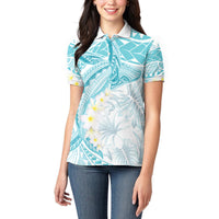 Polynesia Humpback Whale Women Polo Shirt Tropical Plumeria Turquoise