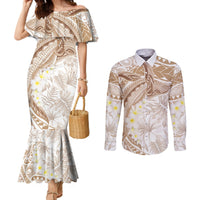 Polynesia Humpback Whale Couples Matching Mermaid Dress and Long Sleeve Button Shirt Tropical Plumeria Beige LT7 Beige - Polynesian Pride