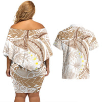 Polynesia Humpback Whale Couples Matching Off Shoulder Short Dress and Hawaiian Shirt Tropical Plumeria Beige LT7 - Polynesian Pride