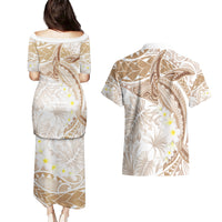 Polynesia Humpback Whale Couples Matching Puletasi and Hawaiian Shirt Tropical Plumeria Beige LT7 - Polynesian Pride