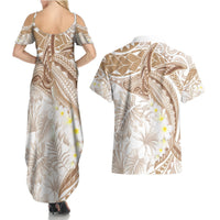 Polynesia Humpback Whale Couples Matching Summer Maxi Dress and Hawaiian Shirt Tropical Plumeria Beige LT7 - Polynesian Pride