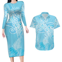 Aotearoa Maori Koru Curves Couples Matching Long Sleeve Bodycon Dress and Hawaiian Shirt Silver Ferns - Turquoise