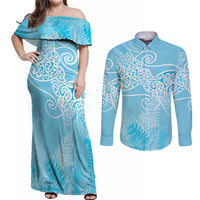 Aotearoa Maori Koru Curves Couples Matching Off Shoulder Maxi Dress and Long Sleeve Button Shirt Silver Ferns - Turquoise LT7 Turquoise - Polynesian Pride
