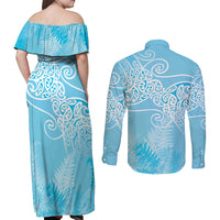 Aotearoa Maori Koru Curves Couples Matching Off Shoulder Maxi Dress and Long Sleeve Button Shirt Silver Ferns - Turquoise LT7 - Polynesian Pride