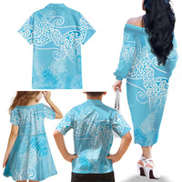 Aotearoa Maori Koru Curves Family Matching Off The Shoulder Long Sleeve Dress and Hawaiian Shirt Silver Ferns - Turquoise