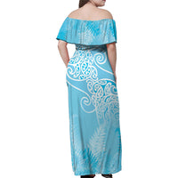 Aotearoa Maori Koru Curves Family Matching Off Shoulder Maxi Dress and Hawaiian Shirt Silver Ferns - Turquoise