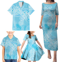 Aotearoa Maori Koru Curves Family Matching Puletasi and Hawaiian Shirt Silver Ferns - Turquoise