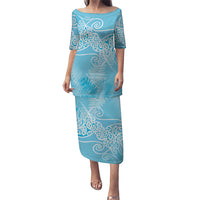 Aotearoa Maori Koru Curves Family Matching Puletasi and Hawaiian Shirt Silver Ferns - Turquoise